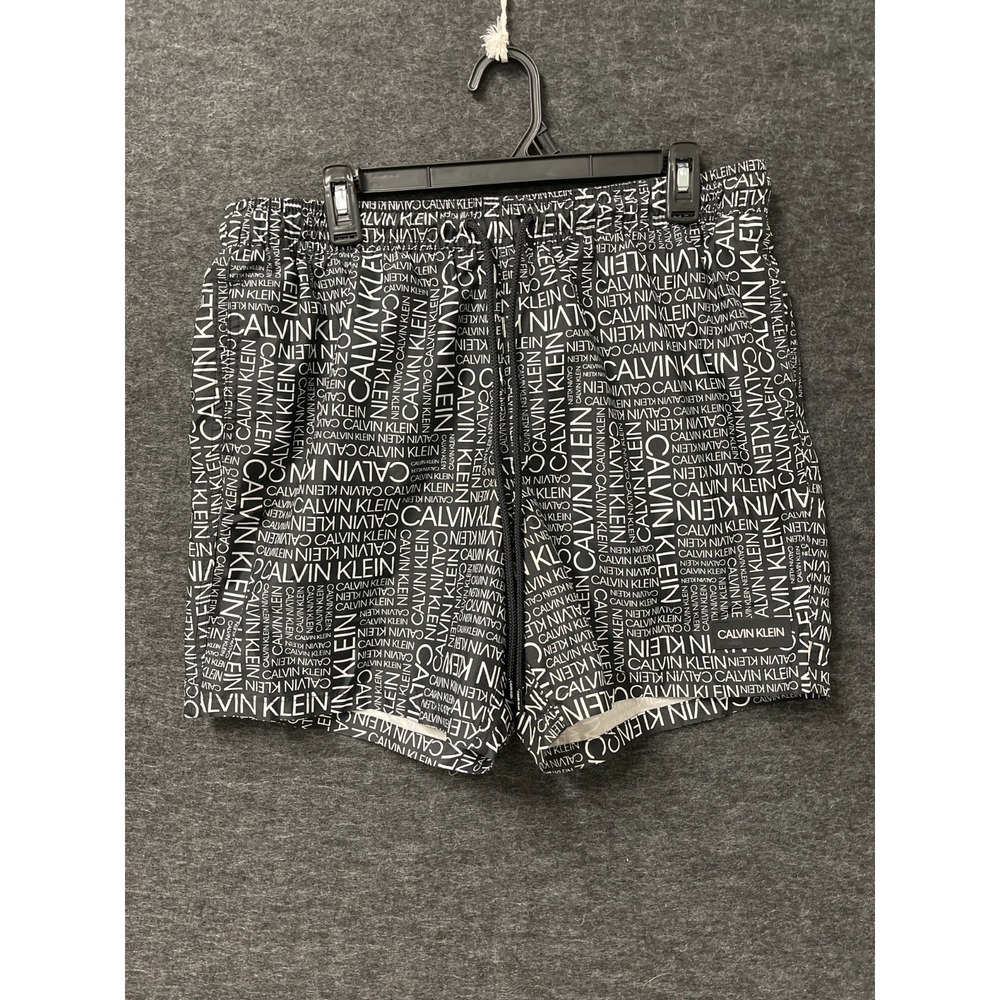 Calvin‎ Klein Board Shorts Mens Large Black White Allover Logo Print Mesh Lined